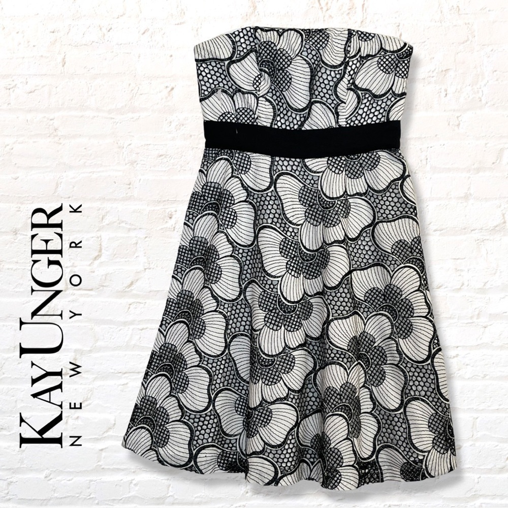 KAY Unger Black and White Embroidered Strapless Dress Size 6